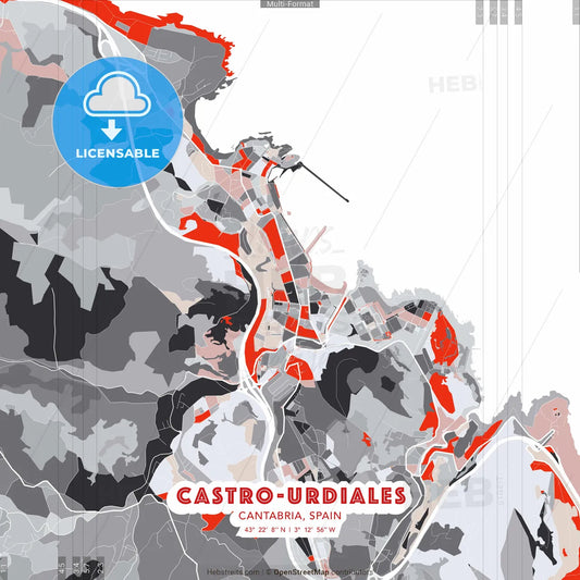 Castro-Urdiales, Cantabria, Spain - modern street map poster template with gray and red tones