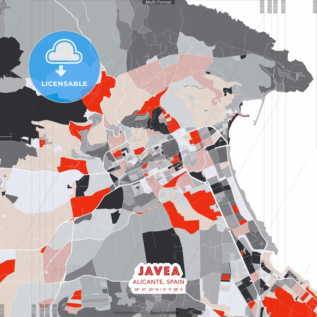 Javea, Alicante, Spain - modern street map poster template with gray and red tones
