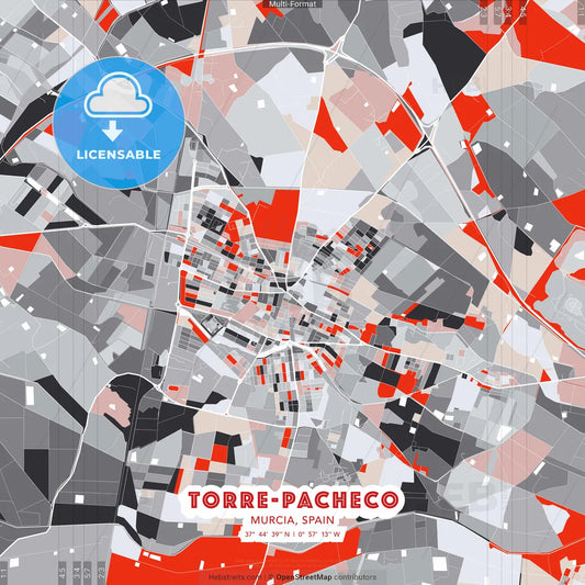 Torre-Pacheco, Murcia, Spain - modern street map poster template with gray and red tones