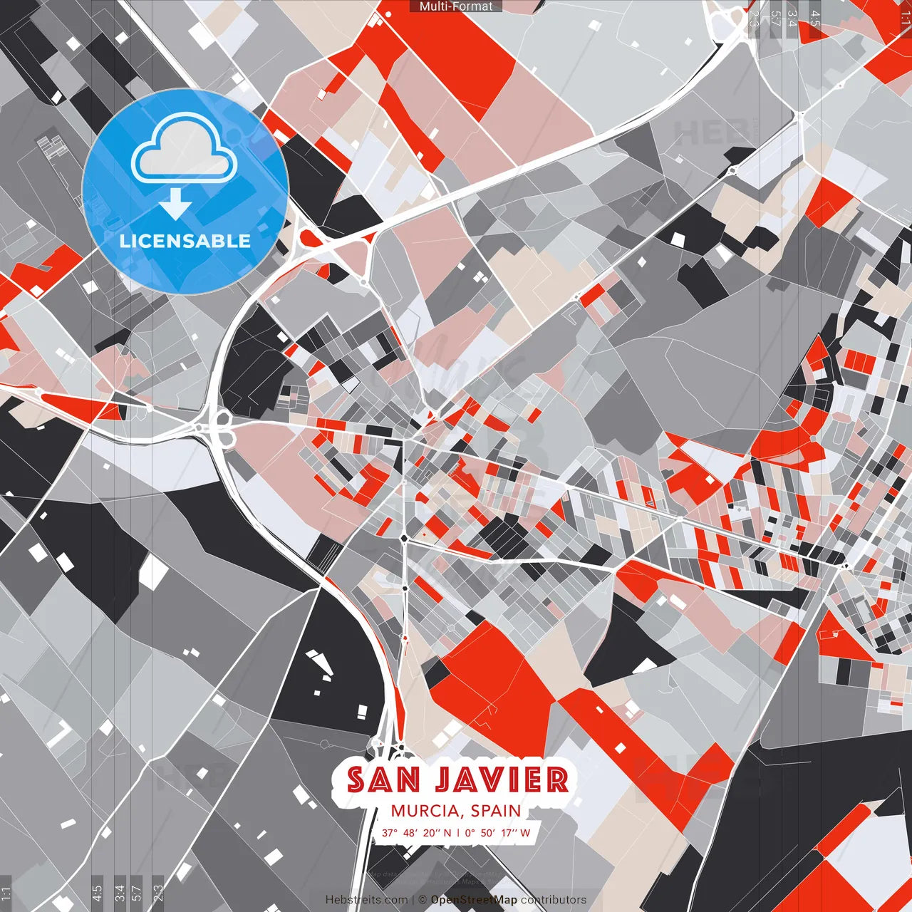 San Javier, Murcia, Spain - modern street map poster template with gray and red tones