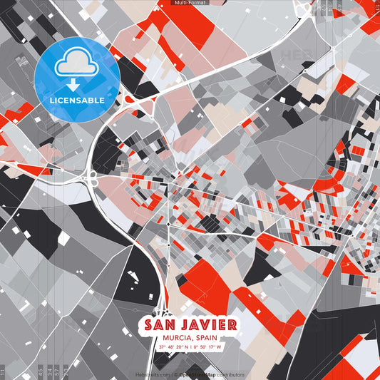 San Javier, Murcia, Spain - modern street map poster template with gray and red tones