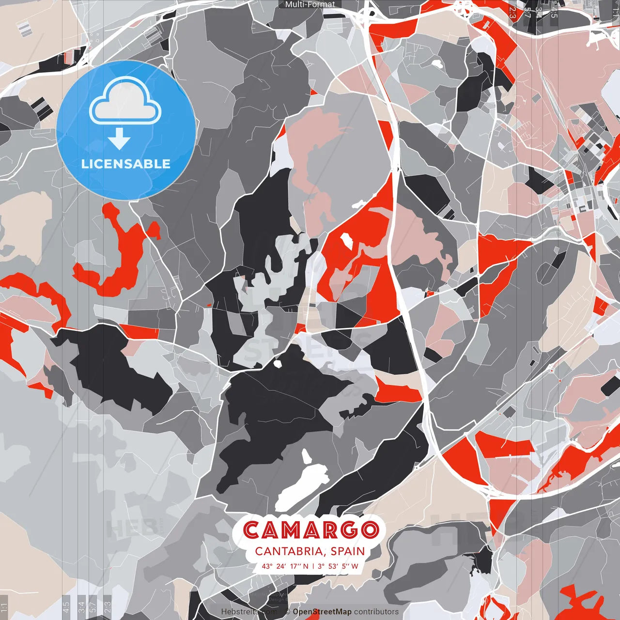 Camargo, Cantabria, Spain - modern street map poster template with gray and red tones