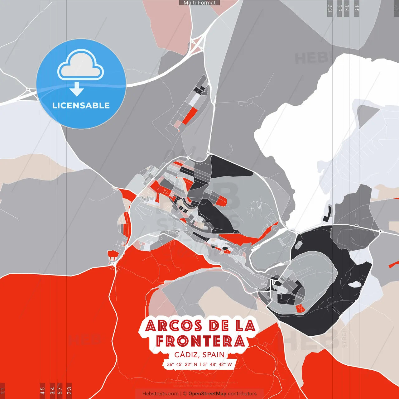 Arcos de la Frontera, Cádiz, Spain - modern street map poster template with gray and red tones