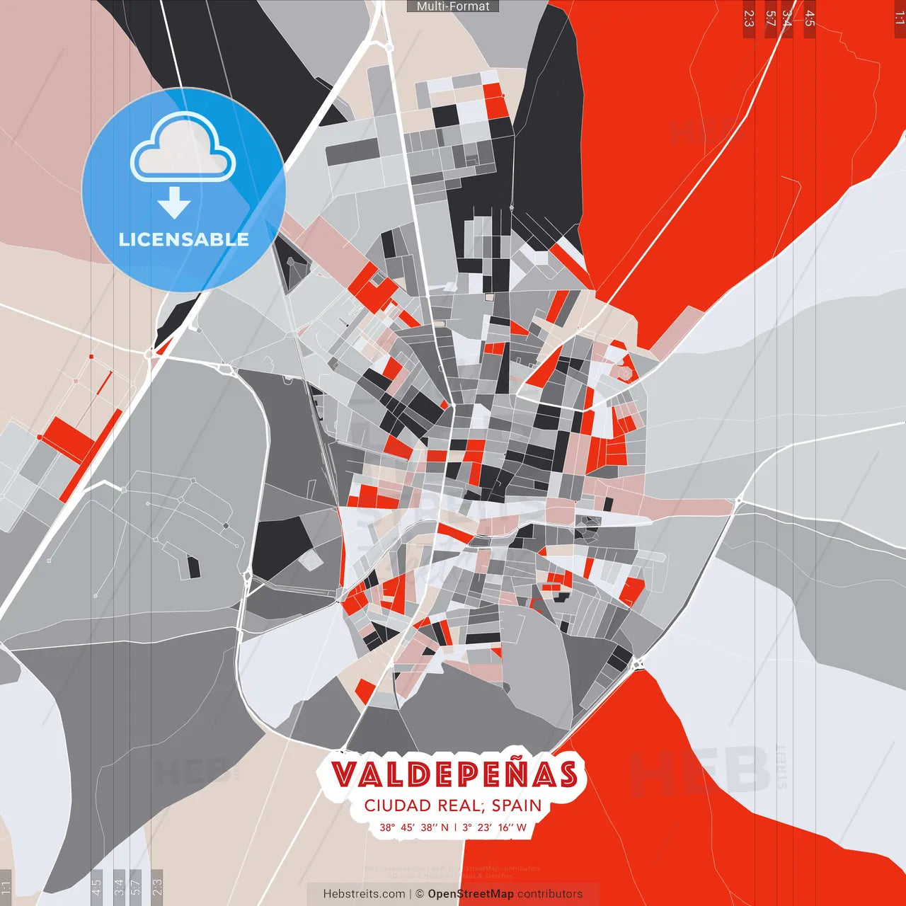 Valdepeñas, Ciudad Real, Spain - modern street map poster template with gray and red tones