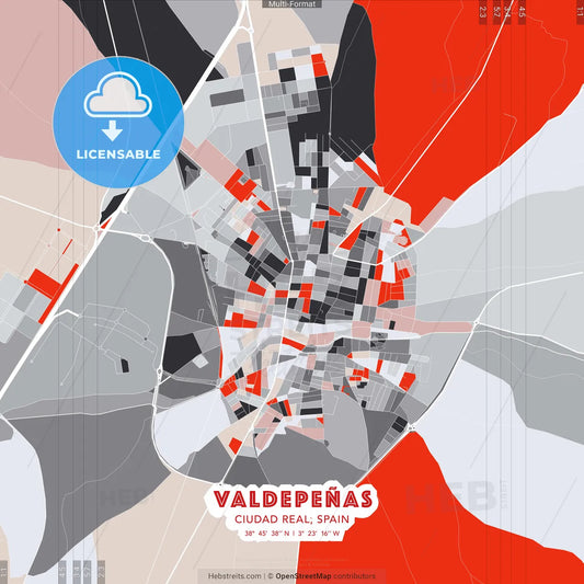 Valdepeñas, Ciudad Real, Spain - modern street map poster template with gray and red tones