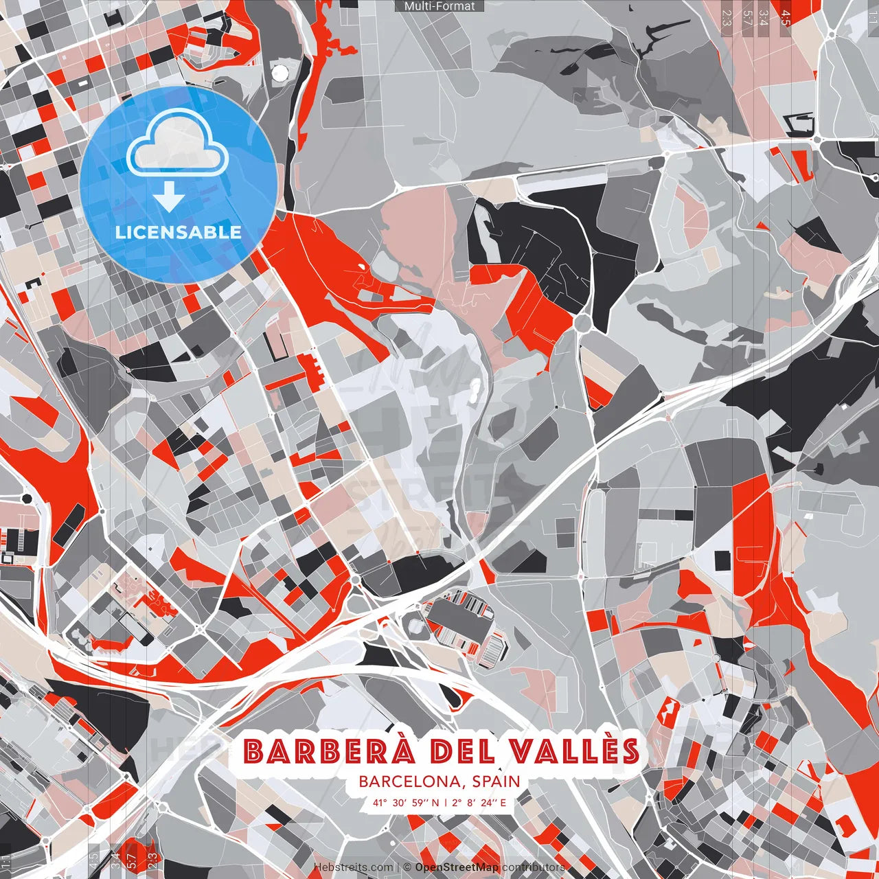 Barberà del Vallès, Barcelona, Spain - modern street map poster template with gray and red tones