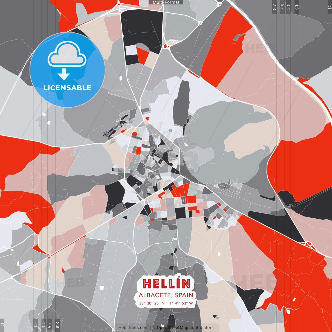 Hellín, Albacete, Spain - modern street map poster template with gray and red tones