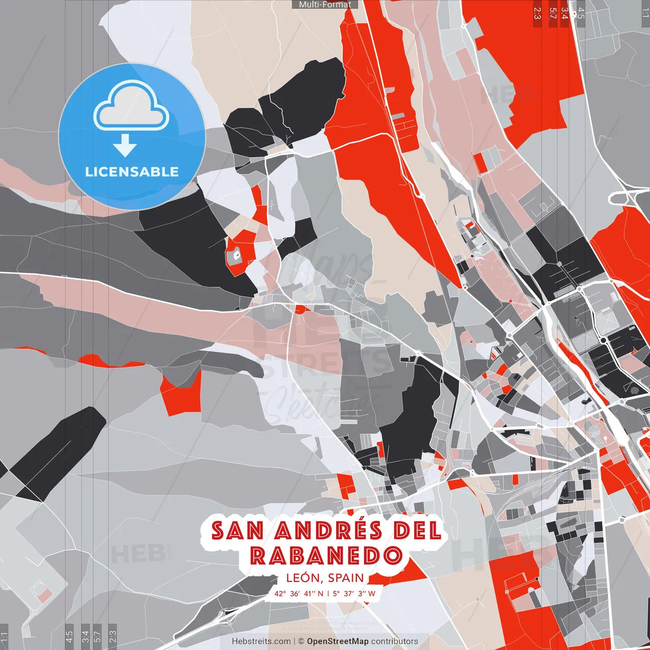 San Andrés del Rabanedo, León, Spain - modern street map poster template with gray and red tones