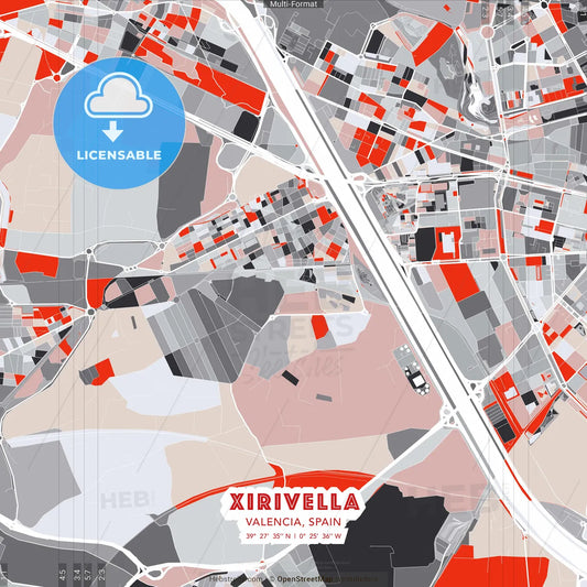 Xirivella, Valencia, Spain - modern street map poster template with gray and red tones