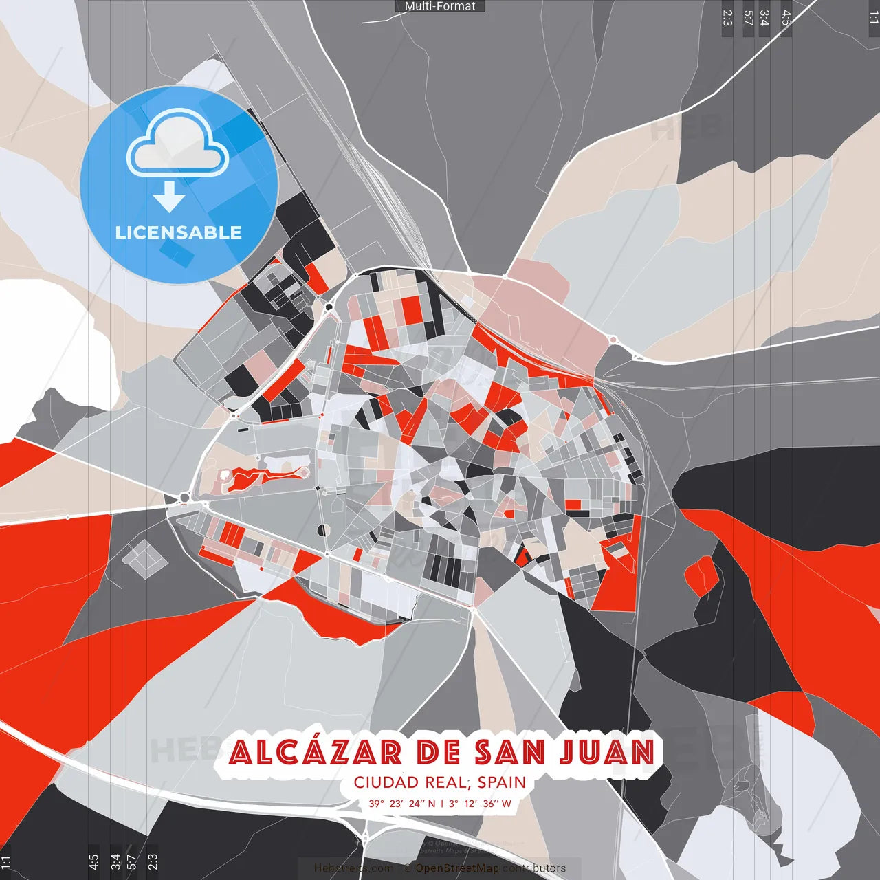 Alcázar de San Juan, Ciudad Real, Spain - modern street map poster template with gray and red tones