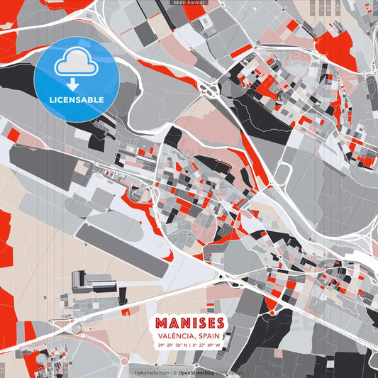 Manises, València, Spain - modern street map poster template with gray and red tones