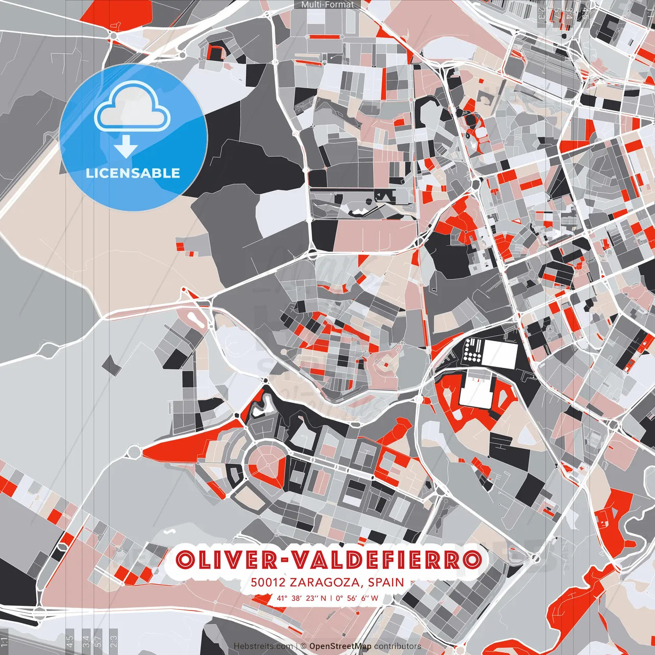 Oliver-Valdefierro, 50012 Zaragoza, Spain - modern street map poster template with gray and red tones