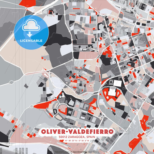 Oliver-Valdefierro, 50012 Zaragoza, Spain - modern street map poster template with gray and red tones