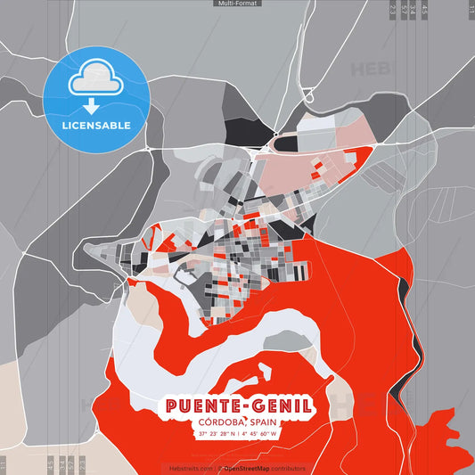 Puente-Genil, Córdoba, Spain - modern street map poster template with gray and red tones