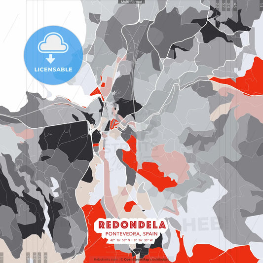 Redondela, Pontevedra, Spain - modern street map poster template with gray and red tones