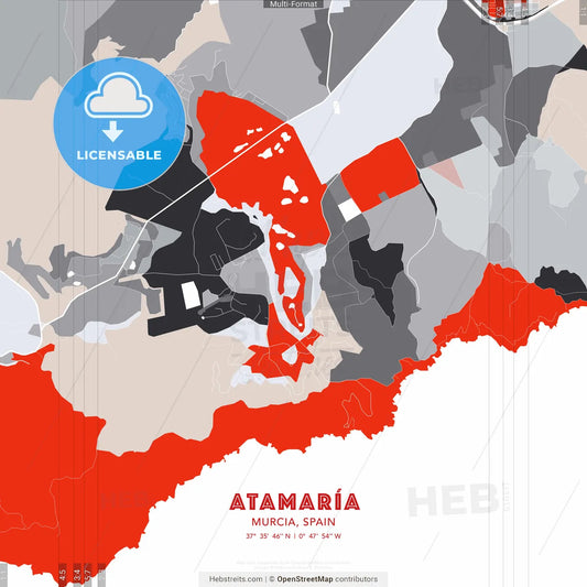 Atamaría, Murcia, Spain - modern street map poster template with gray and red tones
