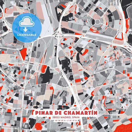 Pinar de Chamartín, 28033 Madrid, Spain - modern street map poster template with gray and red tones