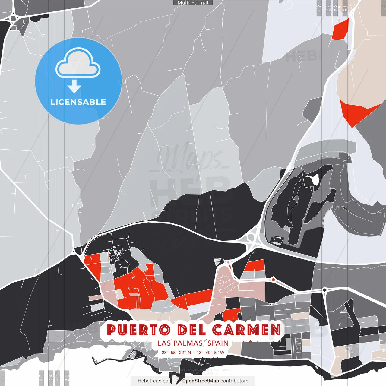 Puerto del Carmen, Las Palmas, Spain - modern street map poster template with gray and red tones