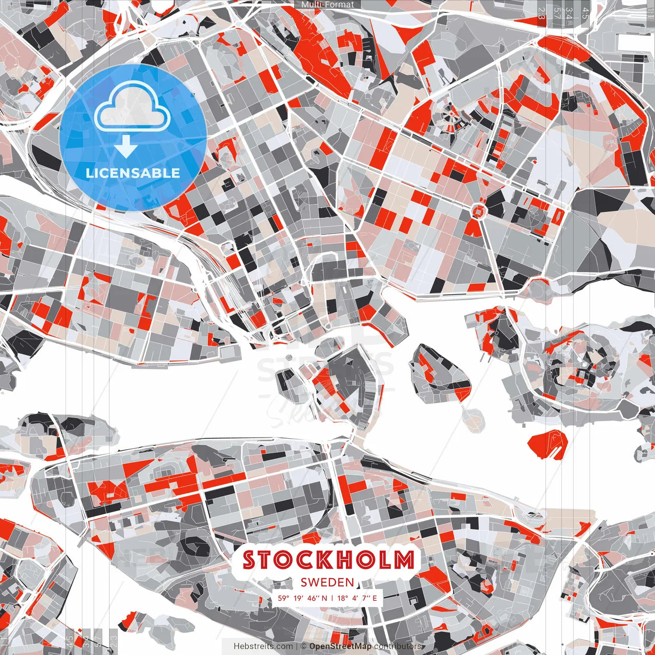 Stockholm, Sweden - modern street map poster template with gray and red tones