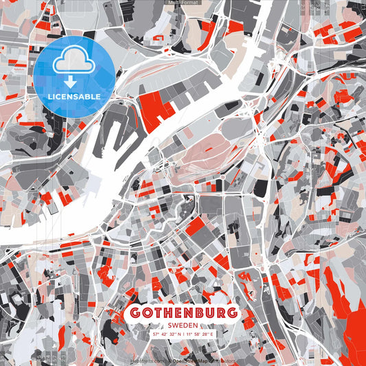 Gothenburg, Sweden - modern street map poster template with gray and red tones