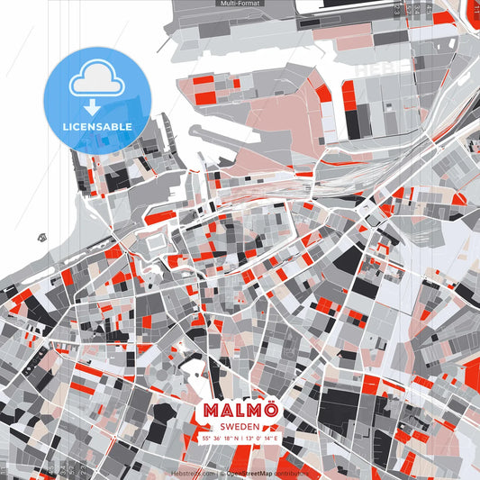 Malmö, Sweden - modern street map poster template with gray and red tones