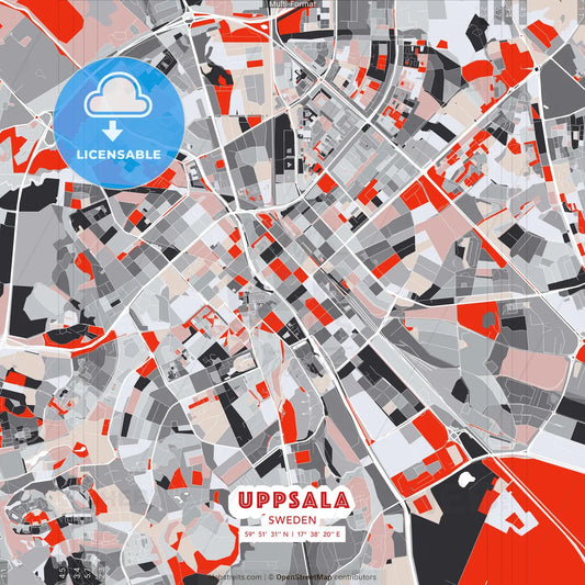 Uppsala, Sweden - modern street map poster template with gray and red tones