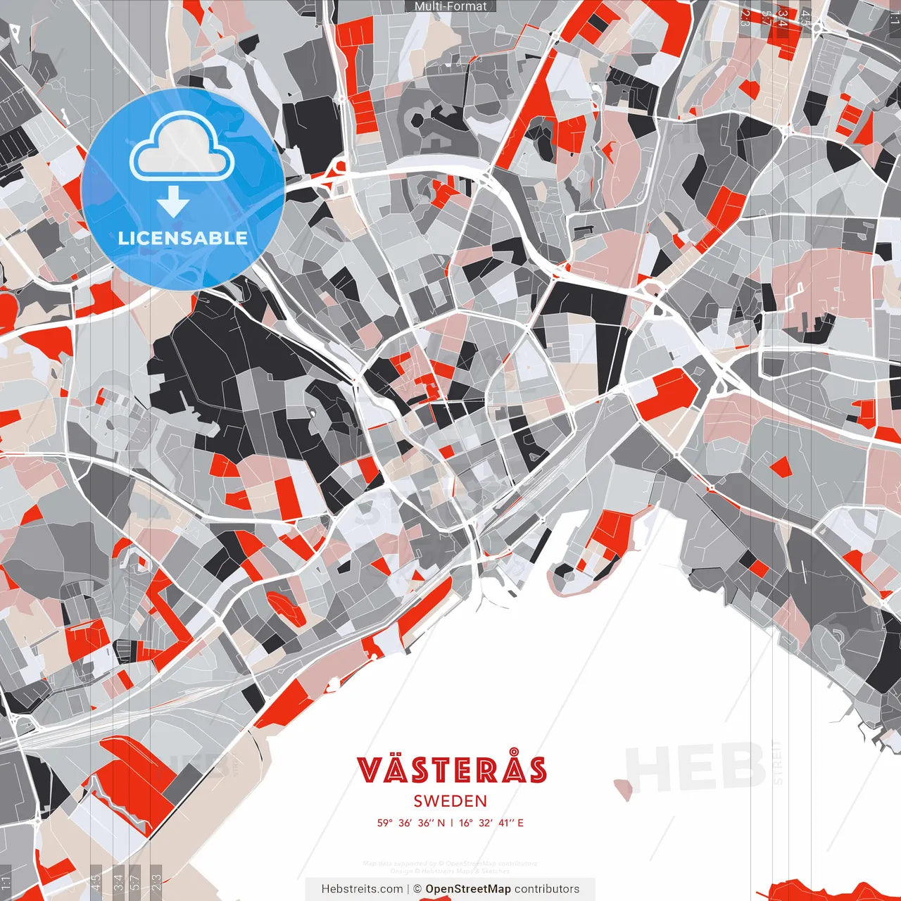 Västerås, Sweden - modern street map poster template with gray and red tones