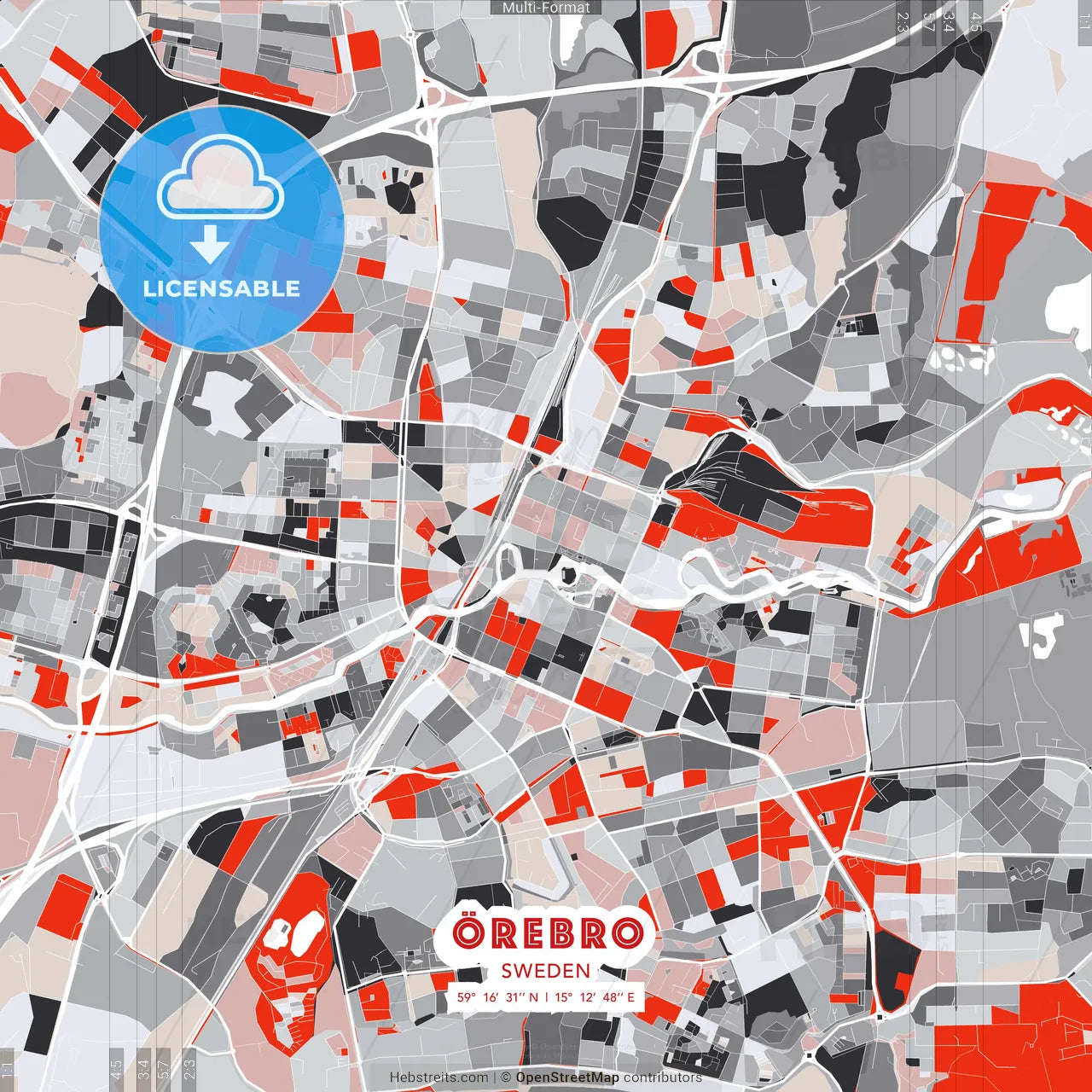 Örebro, Sweden - modern street map poster template with gray and red tones