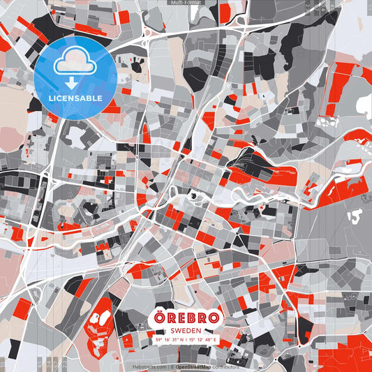 Örebro, Sweden - modern street map poster template with gray and red tones