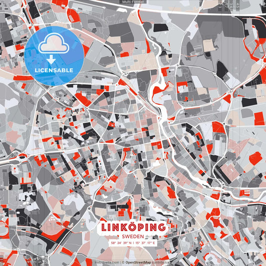 Linköping, Sweden - modern street map poster template with gray and red tones