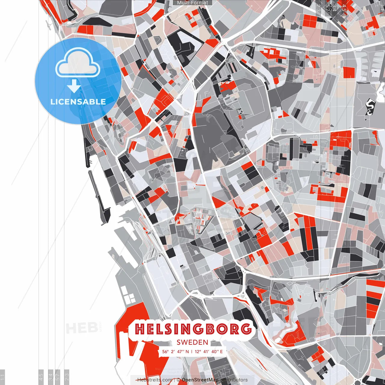 Helsingborg, Sweden - modern street map poster template with gray and red tones