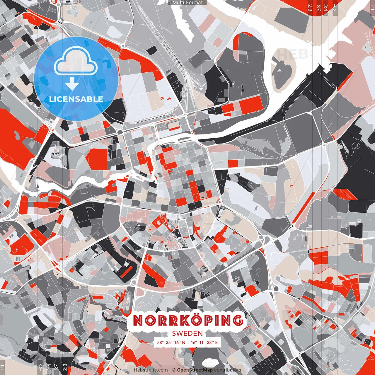 Norrköping, Sweden - modern street map poster template with gray and red tones