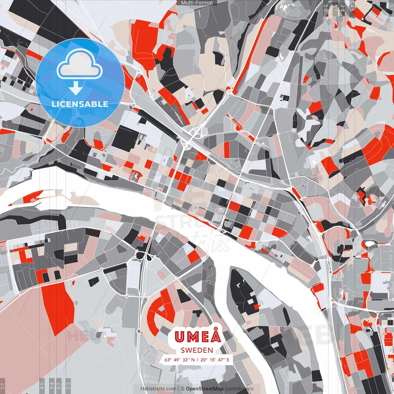 Umeå, Sweden - modern street map poster template with gray and red tones
