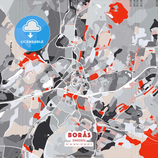 Borås, Sweden - modern street map poster template with gray and red tones