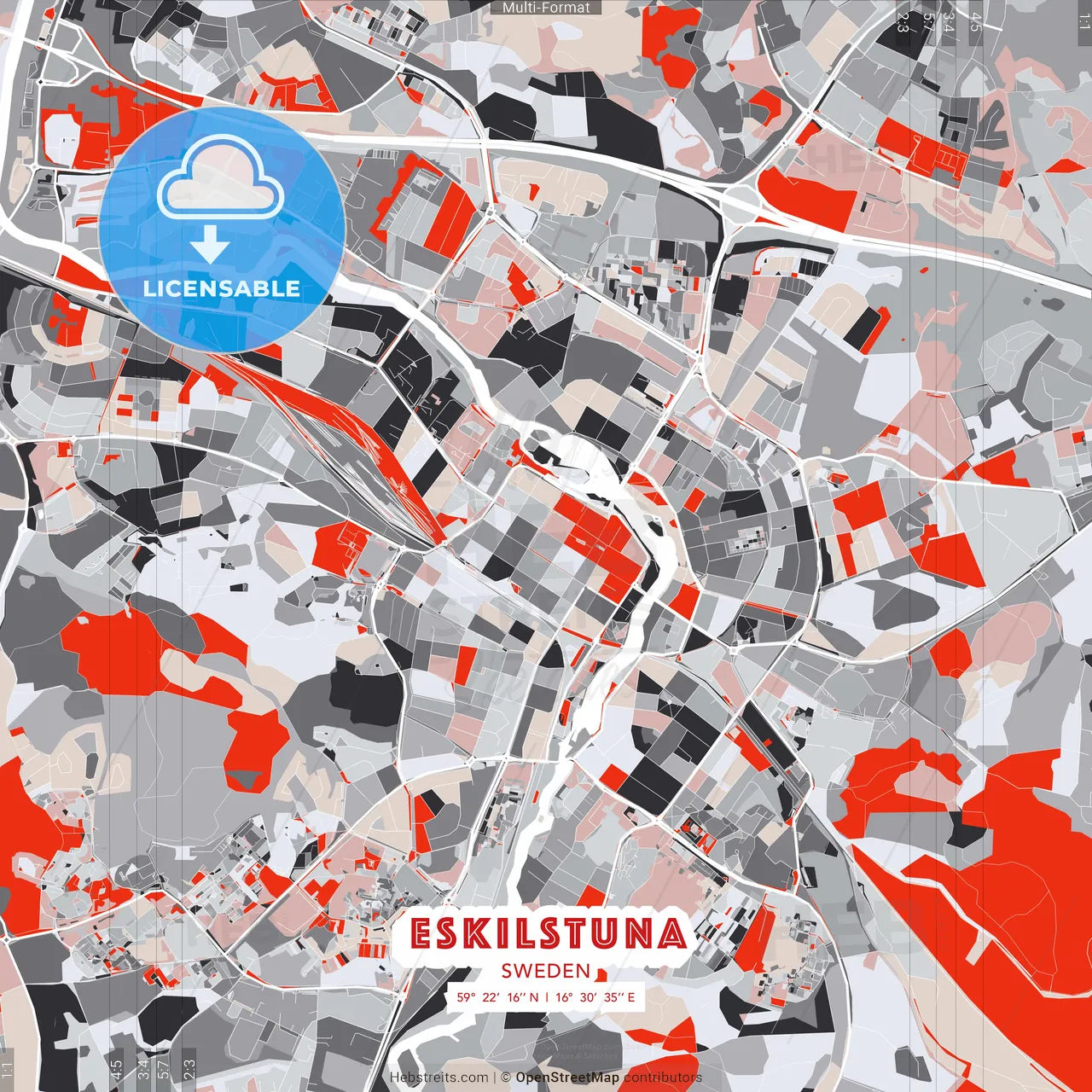 Eskilstuna, Sweden - modern street map poster template with gray and red tones