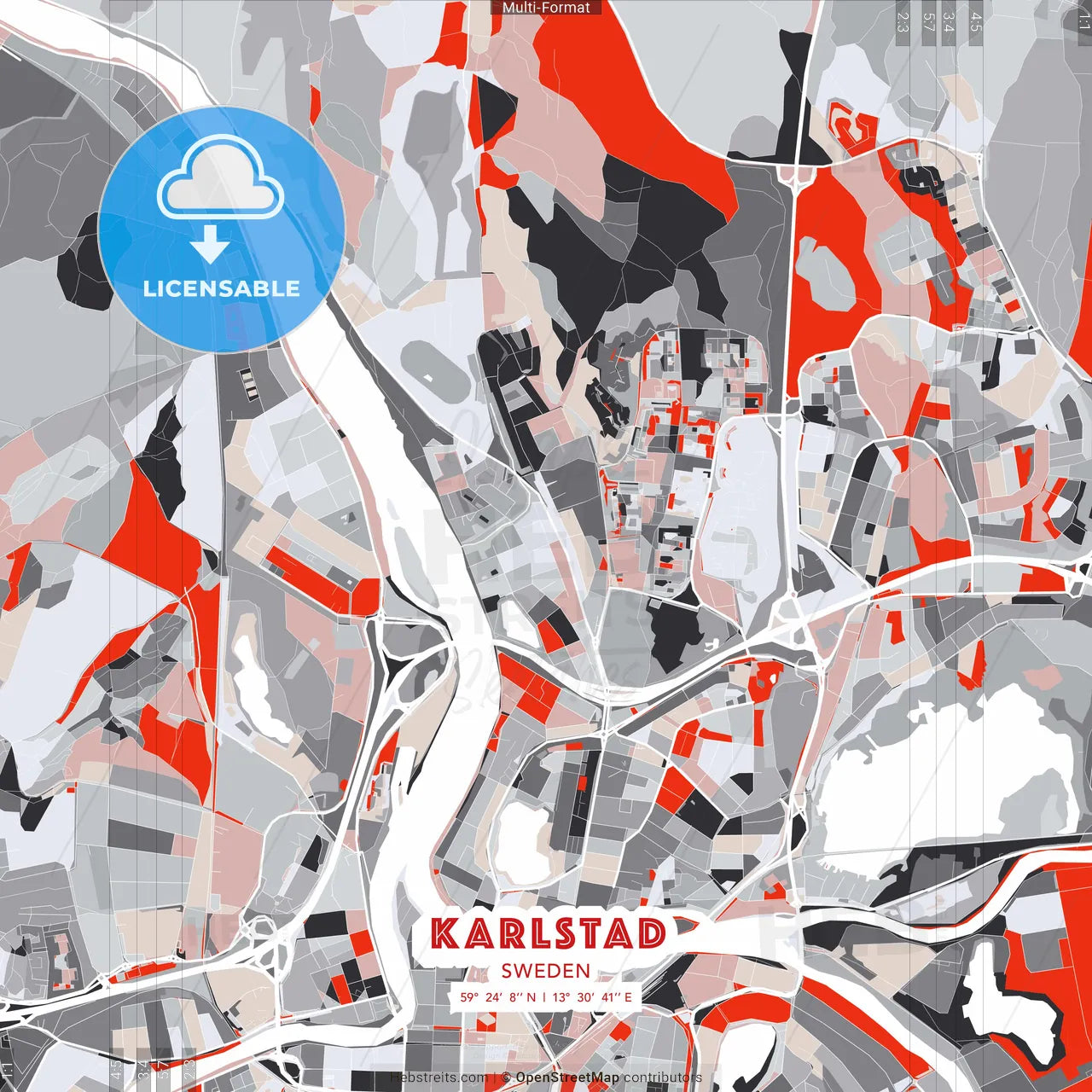 Karlstad, Sweden - modern street map poster template with gray and red tones