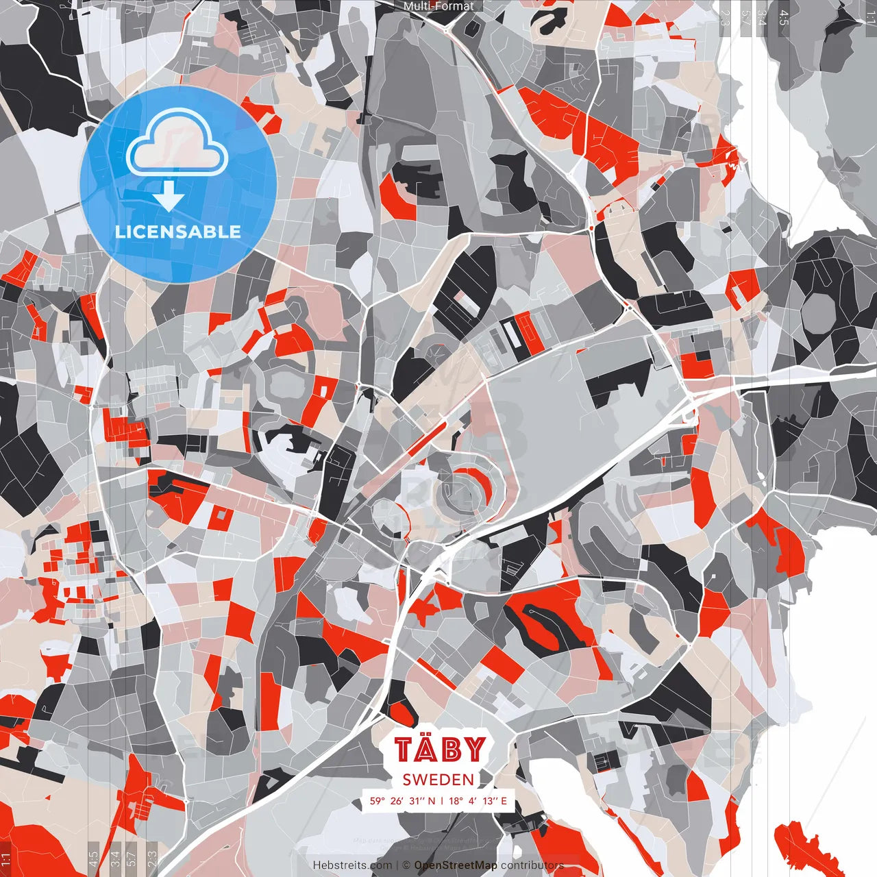 Täby, Sweden - modern street map poster template with gray and red tones