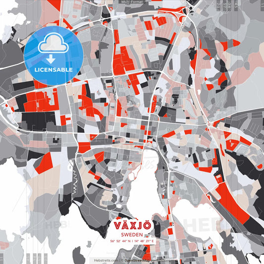 Växjö, Sweden - modern street map poster template with gray and red tones