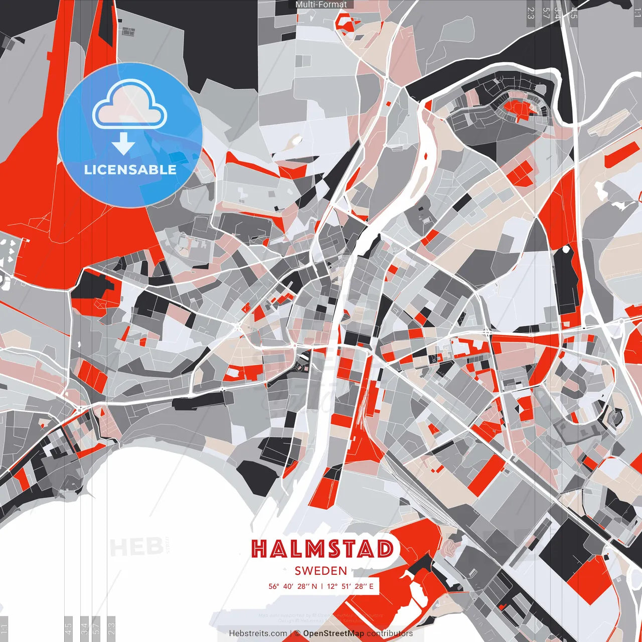 Halmstad, Sweden - modern street map poster template with gray and red tones