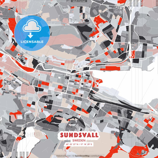 Sundsvall, Sweden - modern street map poster template with gray and red tones