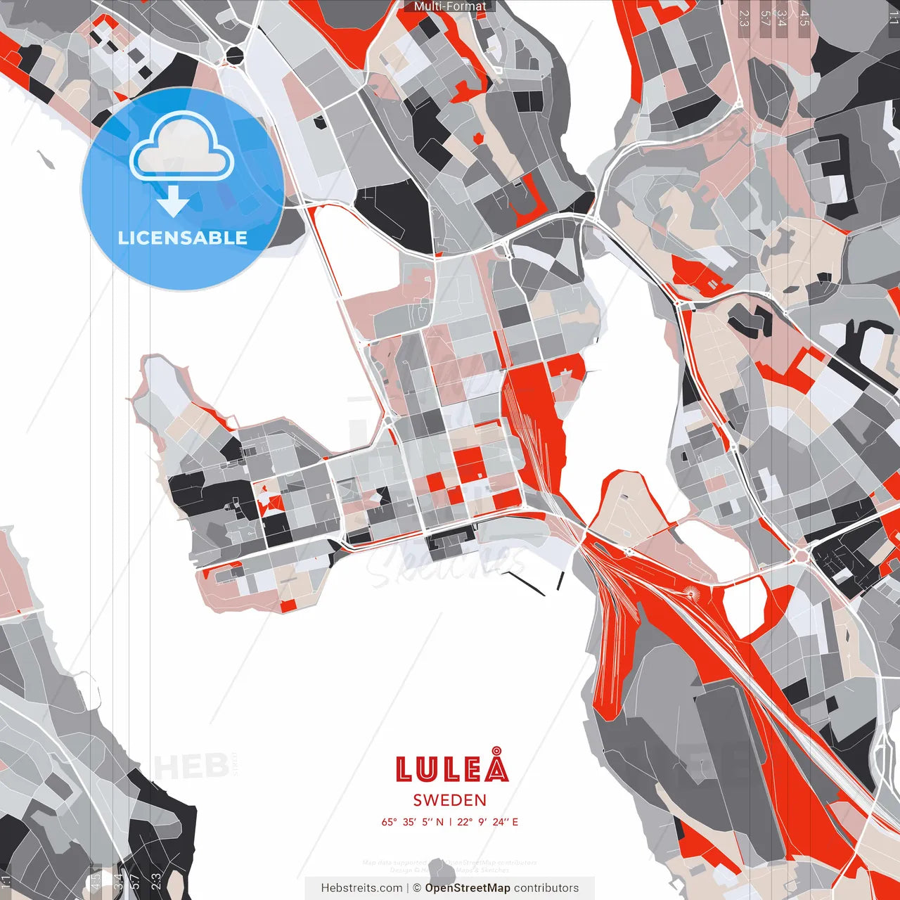Luleå, Sweden - modern street map poster template with gray and red tones