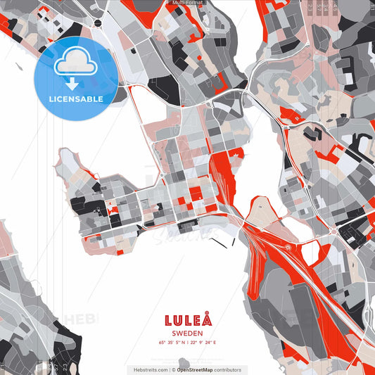 Luleå, Sweden - modern street map poster template with gray and red tones