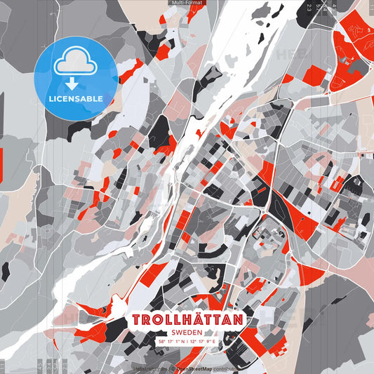 Trollhättan, Sweden - modern street map poster template with gray and red tones