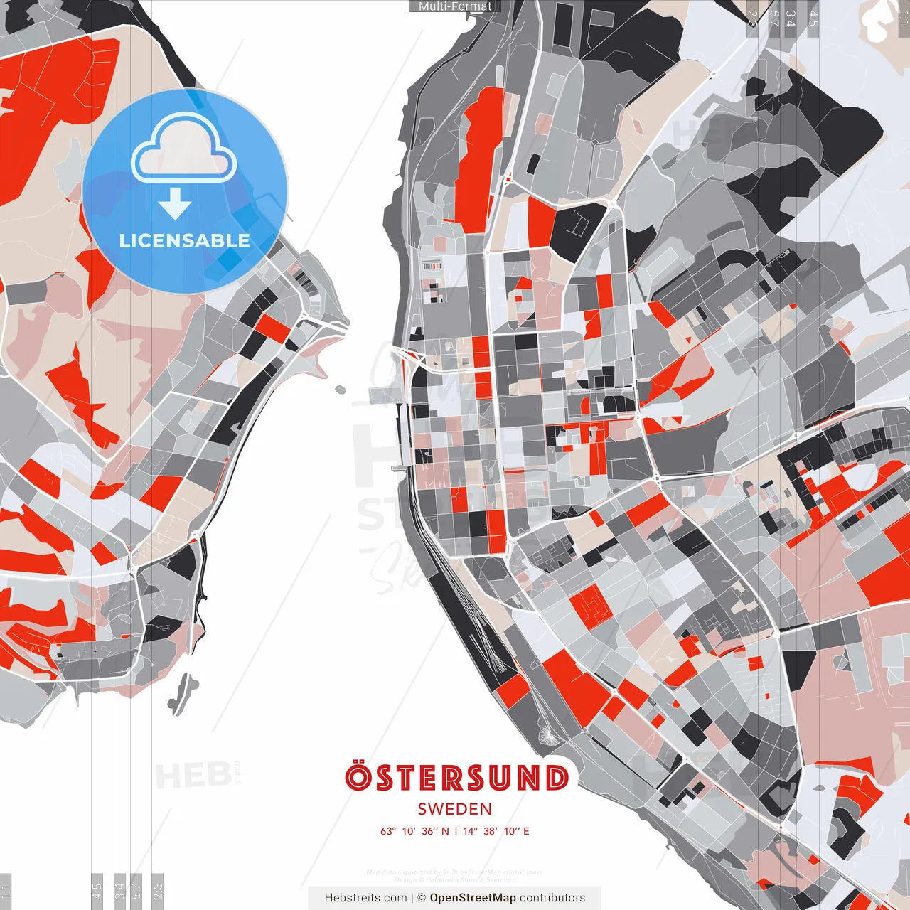 Östersund, Sweden - modern street map poster template with gray and red tones