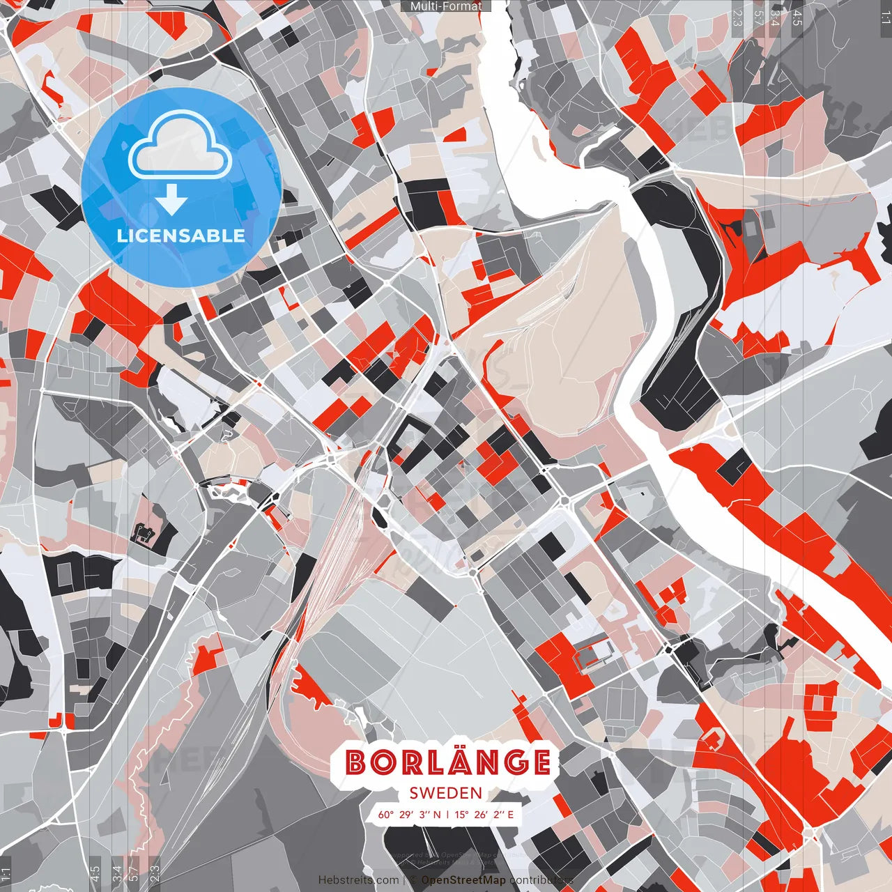 Borlänge, Sweden - modern street map poster template with gray and red tones