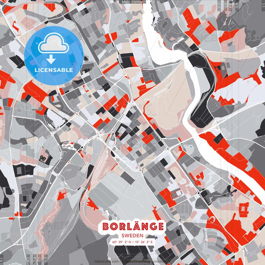 Borlänge, Sweden - modern street map poster template with gray and red tones