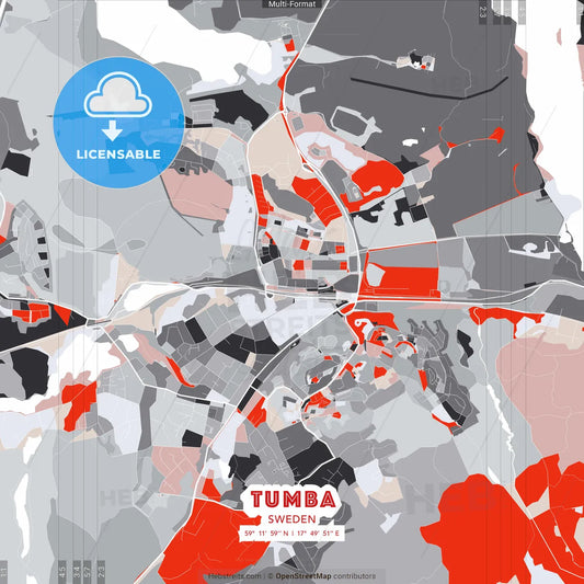 Tumba, Sweden - modern street map poster template with gray and red tones