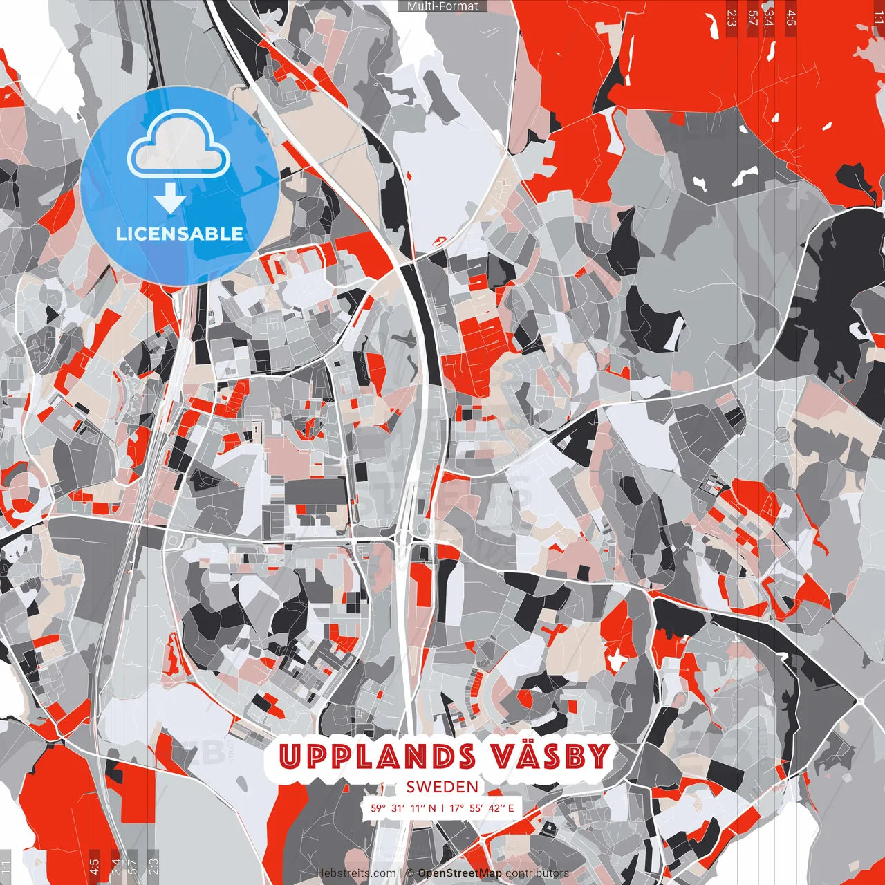 Upplands Väsby, Sweden - modern street map poster template with gray and red tones
