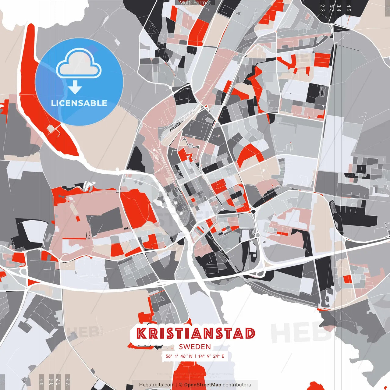 Kristianstad, Sweden - modern street map poster template with gray and red tones