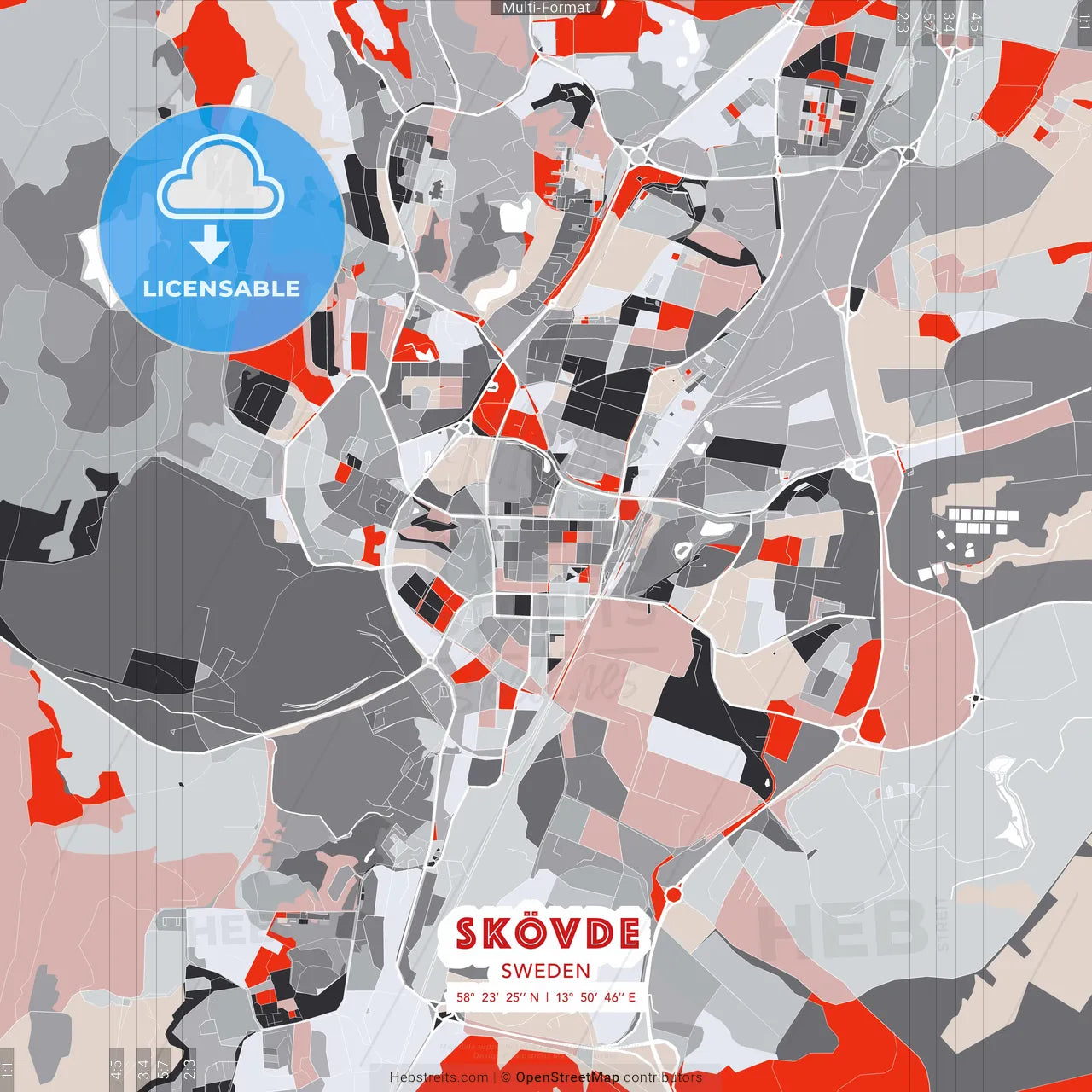 Skövde, Sweden - modern street map poster template with gray and red tones